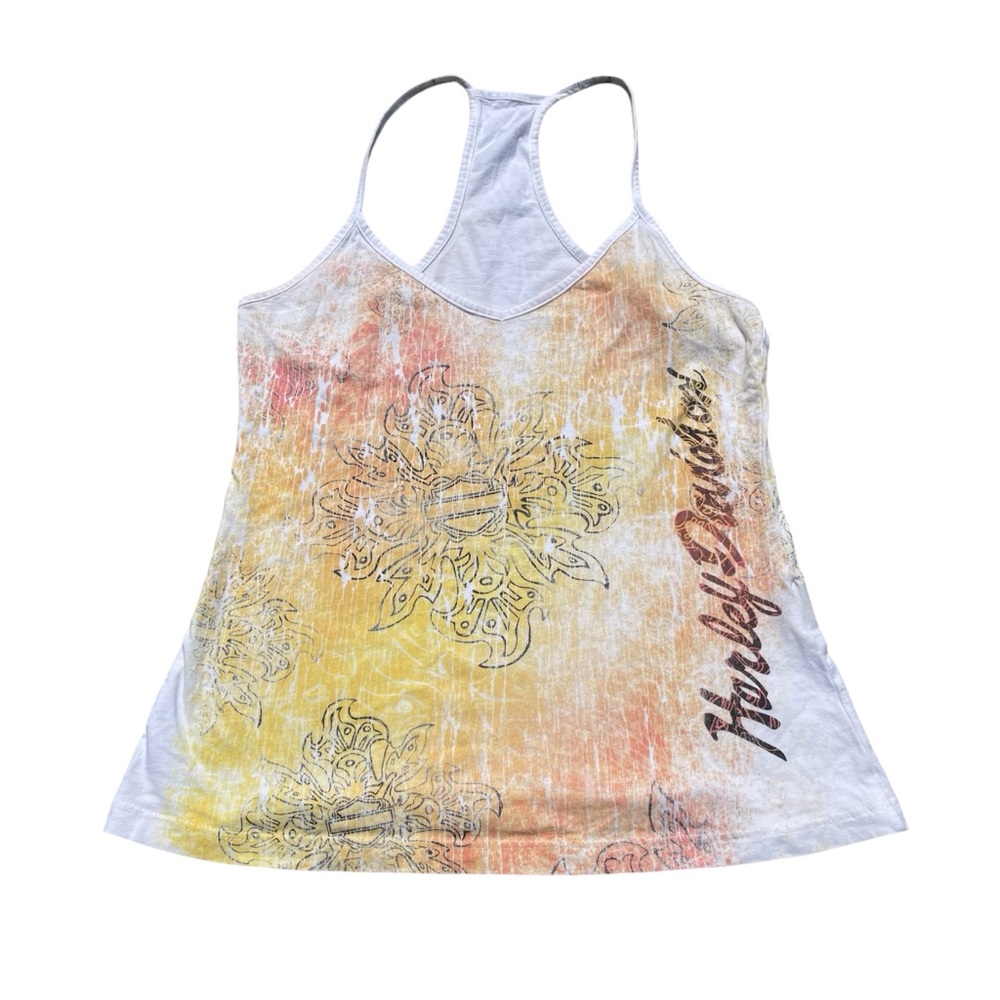 y2k Harley-Davidson Women's Vibrant Yellow and White Tank Top